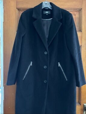 DKNY Black Wool Blend Pea Coat with Zip Pockets